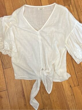 Max Studio White V-Neck Tie-Front Blouse with Eyelet Bell Sleeves